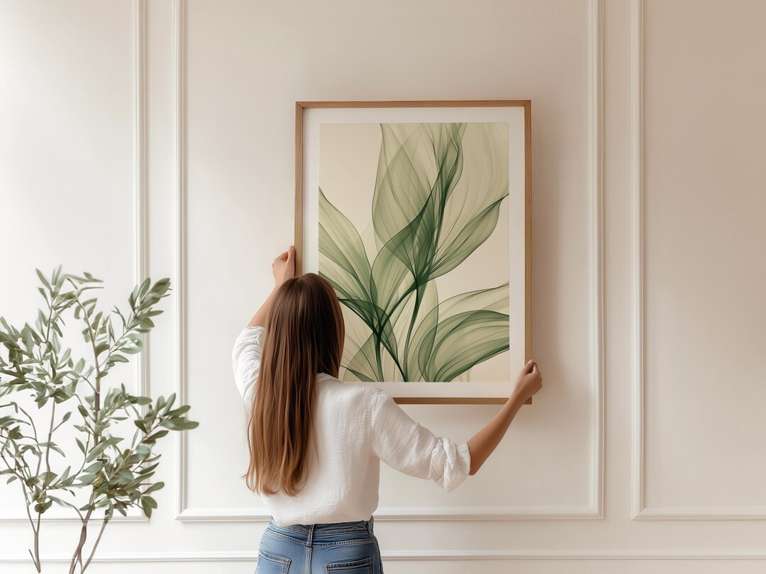 Green Abstract Botanical Wall Art Print, Minimalist Leaf Artwork ...