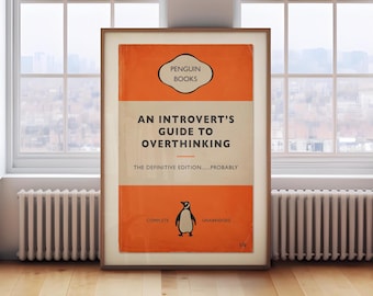 Penguin Book Cover Poster, An Introvert's Guide To Overthinking, Vintage Book Print Wall Decor, New Home Gift, Book Lover Birthday Gift