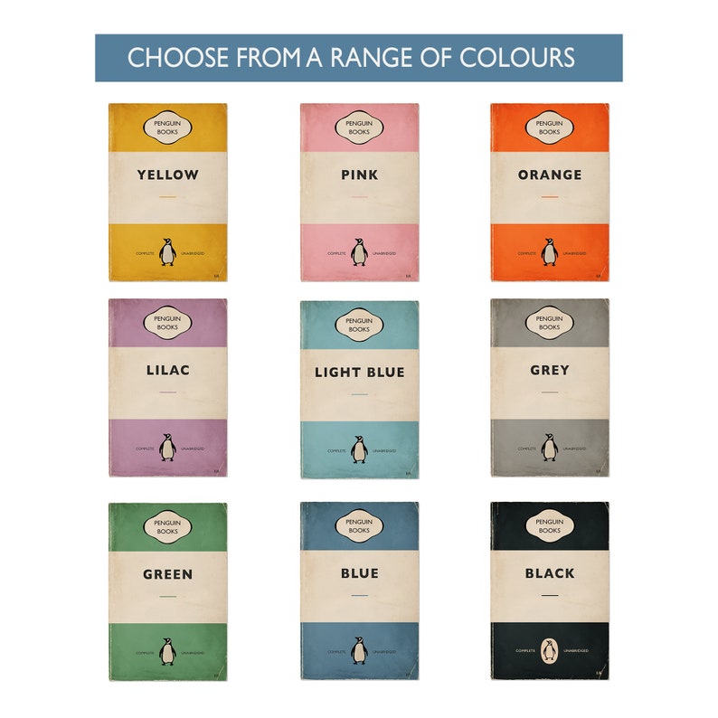 Peut inclure: Un ensemble de neuf couvertures de livres Penguin dans diff&eacute;rentes couleurs, notamment jaune, rose, orange, lilas, bleu clair, gris, vert, bleu et noir. Chaque couverture pr&eacute;sente le logo Penguin Books et une illustration de pingouin.