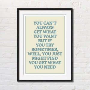 Rolling Stones Song Lyrics Poster | You Can&#39;t Always Get What You Want | Indie Room Decor | Vintage Poster | Rock n Roll Music Poster