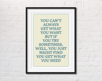 Póster de la letra de la canción de los Rolling Stones / No siempre puedes conseguir lo que quieres / Decoración de habitación indie / Póster vintage / Póster de música rock and roll