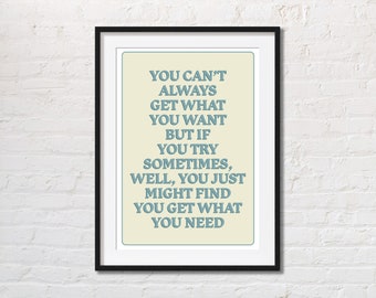 Rolling Stones Song Lyrics Poster | You Can't Always Get What You Want | Indie Room Decor | Vintage Poster | Rock n Roll Music Poster