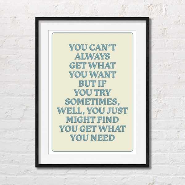 Rolling Stones Song Lyrics Poster | You Can't Always Get What You Want | Indie Room Decor | Vintage Poster | Rock n Roll Music Poster