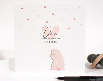 Happy Birthday Personalised Greeting Card - 1st Birthday Card - 2nd Birthday Card - Cute Pink Bunny Rabbit Card - Personalised Greeting Card