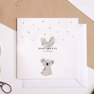 Nouvelle carte bébé | Carte grise bébé mignon koala | Carte de voeux personnalisée | nouvelle carte bébé fille | Nouvelle carte bébé garçon | Bonjour bébé