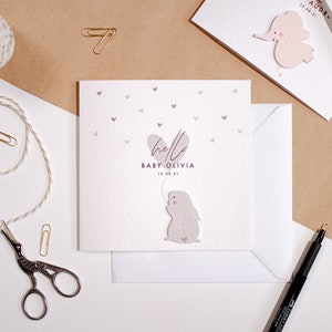 Nouvelle carte bébé - Mignon baby grey bunny card - Carte de vœux personnalisée - Nouvelle carte baby girl - Nouvelle carte baby boy - Hello Baby
