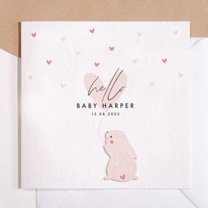 Nouvelle carte bébé | Carte mignonne de lapin rose | Carte de voeux personnalisée | nouvelle carte bébé fille | Nouvelle carte bébé garçon | Bonjour tout-petit