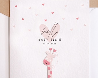 New Baby Card | Cute Baby Pink Giraffe Card | Personalised Greeting Card | New Baby Girl Card | New Baby Boy Card | Hello Little One