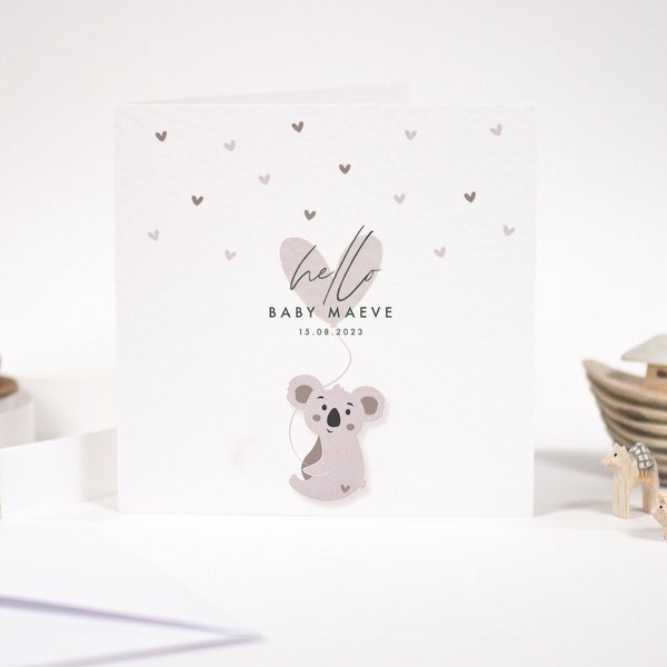 New Baby Card - Cute Baby Grey Koala Card - Personalised Greeting Card - New Baby Girl Card - New Baby Boy Card - Hello Baby