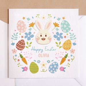 Personnalisée Joyeuses Pâques | Lapin de Pâques fleur de printemps | de voeux de Pâques | de voeux de Pâques pour enfants | Joyeuses Pâques lapin mignon