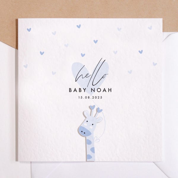 Tarjeta para recién nacido / Tarjeta de jirafa azul bebé adorable / Tarjeta de felicitación personalizada / Tarjeta para recién nacida niña / Tarjeta para recién nacido niño / Hola bebé