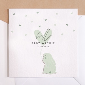 Nouvelle carte bébé | Lapin mignon vert bébé | Carte de voeux personnalisée | nouvelle carte bébé fille | Carte bébé garçon | Bonjour tout-petit