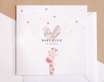 New Baby Card | Cute Baby Pink Giraffe Card | Personalised Greeting Card | New Baby Girl Card | New Baby Boy Card | Hello Baby