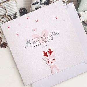 Carte personnalisée pour le premier Noël de bébé | Carte de Noël mignonne de bébé renne | 1ère carte de bébé de Noël | Carte de Noël personnalisée