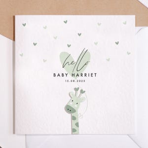 Nouvelle carte bébé | Girafe mignonne de couleur vert bébé | Carte de voeux personnalisée | nouvelle carte bébé fille | Carte bébé garçon | Bonjour tout-petit