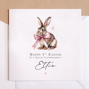 1er lapin de Pâques heureux carte personnalisée | Lapin avec noeud rose | Ma première carte de Pâques | Petite-fille de carte de Pâques | Carte de Pâques Fille