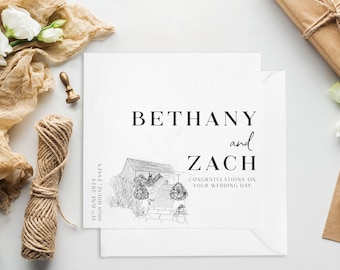 Custom Wedding Venue Illustration Card - Personalised Wedding Day Card - Congratulations On Your Wedding Day