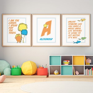 Obra personalizada (letra y nombre) de Dr Seuss para decorar habitaciones infantiles. Tema Lórax. Descarga digital popular 8x10.