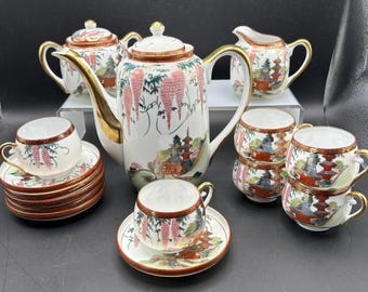 Vintage Japanese Kutani Style Tea Set Demitasse Hand Painted, Teapot Sugar Creamer Cups Saucers