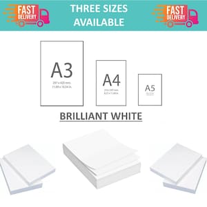 May include: Three stacks of white paper in A3, A4, and A5 sizes. The paper is labelled "Brilliant White".