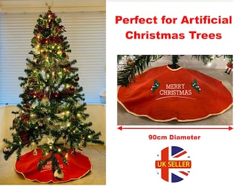 Christmas  Tree Base Skirt Red with Gold Trim 90cm Floor Tidy Mat Cover Collar