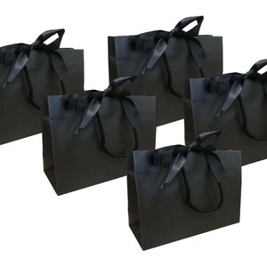 Pack of 5 - Black Small Ribbon Tie Party Boutique Gift Bags Rope Handles -  Jewellery  Bag/ Watch Box