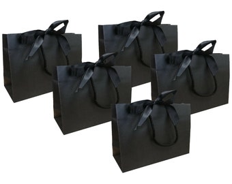 Pack of 5 - Black Small Ribbon Tie Party Boutique Gift Bags Rope Handles -  Jewellery  Bag/ Watch Box