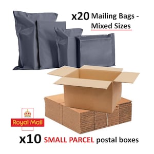 May include: A selection of grey mailing bags in different sizes, alongside an open cardboard box and a stack of flat cardboard boxes. The text reads "x20 Mailing Bags - Mixed Sizes" and "x10 SMALL PARCEL postal boxes". A Royal Mail logo is also visible.
