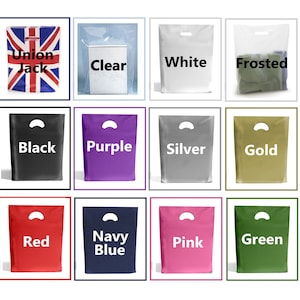 May include: A collection of 12 plastic shopping bags in various colours, including Union Jack, clear, white, frosted, black, purple, silver, gold, red, navy blue, pink, and green. Each bag has a cut-out handle.