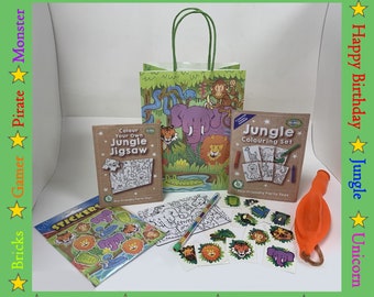 May include: A green and brown paper bag with a jungle theme. The bag contains a colouring book, a jigsaw puzzle, stickers, a pencil, and a balloon. The bag is decorated with images of animals, including an elephant, a tiger, and a monkey. The text on the bag reads "Jungle Colouring Set".