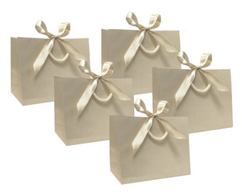 Pack of 5 - Vanilla Cream Small Ribbon Tie Party Boutique Gift Bags Rope Handles - Birthday / Wedding Bag