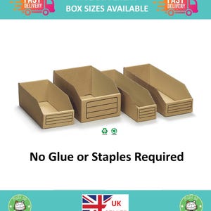 May include: Four brown cardboard storage boxes of different sizes are shown. Each box has a label area with horizontal lines. Text at the top says "FIVE DIFFERENT BOX SIZES AVAILABLE". The boxes are labeled "No Glue or Staples Required".