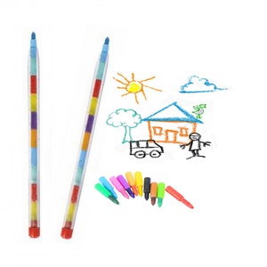 May include: Two multi-coloured twistable crayons with a set of 10 smaller crayons in various colours. The crayons are on a white background with a child's drawing of a house, sun, cloud, tree, car, and person.