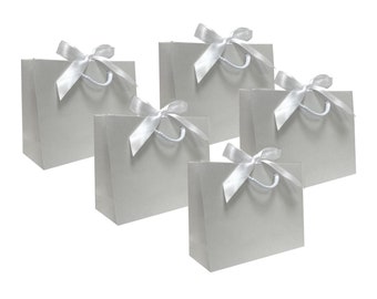 Pack of 5 - Mottled White Small Ribbon Tie Party Boutique Gift Bags Rope Handles - Birthday / Wedding Bag