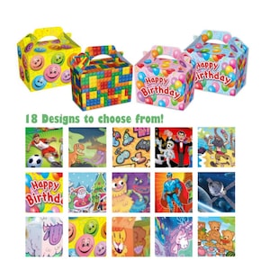 May include: 18 designs of party favour boxes with different themes. The boxes are colourful and feature various characters and designs, including a dinosaur, a monster, a superhero, a unicorn, and a spaceship. The boxes are perfect for holding small gifts or treats for a birthday party.