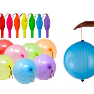 May include: A set of 10 colourful inflatable balloons with a string attached. The balloons are inflated to different sizes, with the largest balloon measuring 81 cm in diameter. The balloons are a variety of colours, including red, orange, yellow, green, blue, purple, and pink.