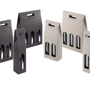 May include: Set of six cardboard wine bottle gift boxes. The boxes are in two colours: brown and beige. The boxes have cutouts for the bottles and a handle on the top.