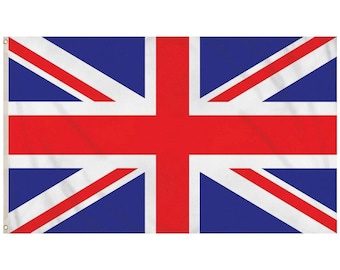 Könnte beinhalten: Eine rechteckige Flagge mit dem Union Jack, der Nationalflagge des Vereinigten Königreichs. Die Flagge hat einen blauen Hintergrund mit einem roten und weißen Kreuzmuster. Die Flagge besteht aus Stoff und hat Ösen auf der linken Seite.