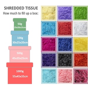 May include: A chart showing the amount of shredded tissue paper needed to fill boxes of different sizes. The boxes are stacked on top of each other and labelled with their dimensions and weight. The chart also shows a variety of colours of shredded tissue paper.