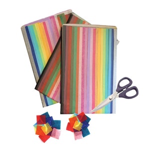 May include: A stack of colourful tissue paper sheets in various shades of pink, purple, blue, green, yellow, and orange. The tissue paper is arranged in a rainbow pattern. A pair of silver scissors is lying on top of the tissue paper. There are two piles of small squares of tissue paper in the bottom of the image.