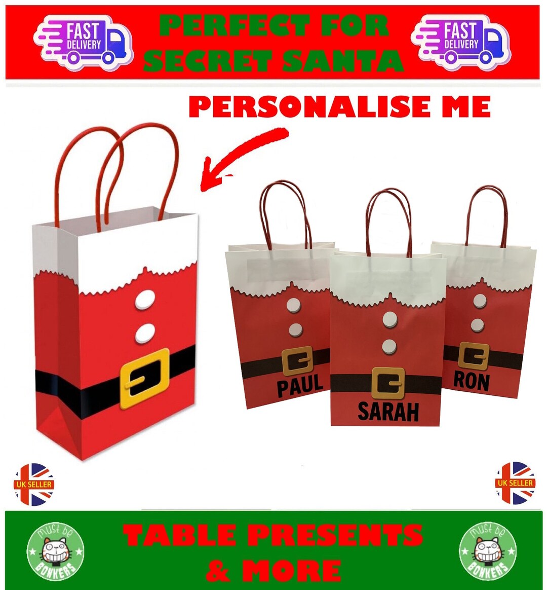 Personalised Christmas Gift Bag Secret Santa, Table Present, Party Toy