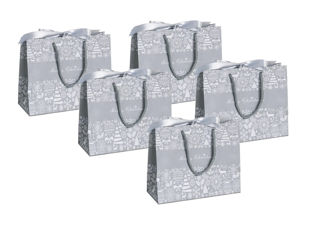 Pack of 5 Small Silver Grey Christmas Present Bags Luxury Festive