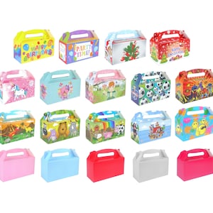 May include: Assortment of colourful party favour boxes with various designs, including unicorns, footballs, animals, and holiday themes. The boxes have a handle for easy carrying.