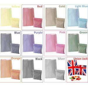 May include: Assortment of striped paper bags in various colours, including yellow, red, gold, light blue, blue, purple, pink, green, orange, black, silver, and Union Jack. Each bag has a smaller matching bag next to it.