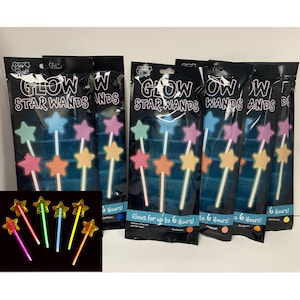 May include: Multiple packs of glow-in-the-dark star wands. Each pack contains star-shaped wands in pink, orange, yellow, blue, and green. The packaging reads "Glow Star Wands" and "Glows for up to 6 Hours!"