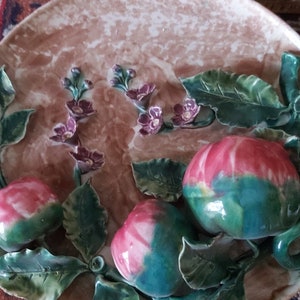 19th Century French Majolica Large Red Apples and Violet Blossom Platter Heavy Boughs Curved Leaves High Relief Barbotine  Authentic French