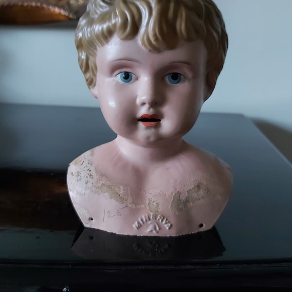 Large Antique Minerva Doll's Head Shoulder Plate Molded Metal Original Condition with Dark Blonde Hair Blue Eyes Hand Painted 1894-1930's