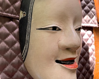 Antique Japanese Theatre Full Face Mask Noh Carved Wood Young Woman  c1890 Complete with Soft Quilted Pouch Sculptural Smooth Wood Authentic