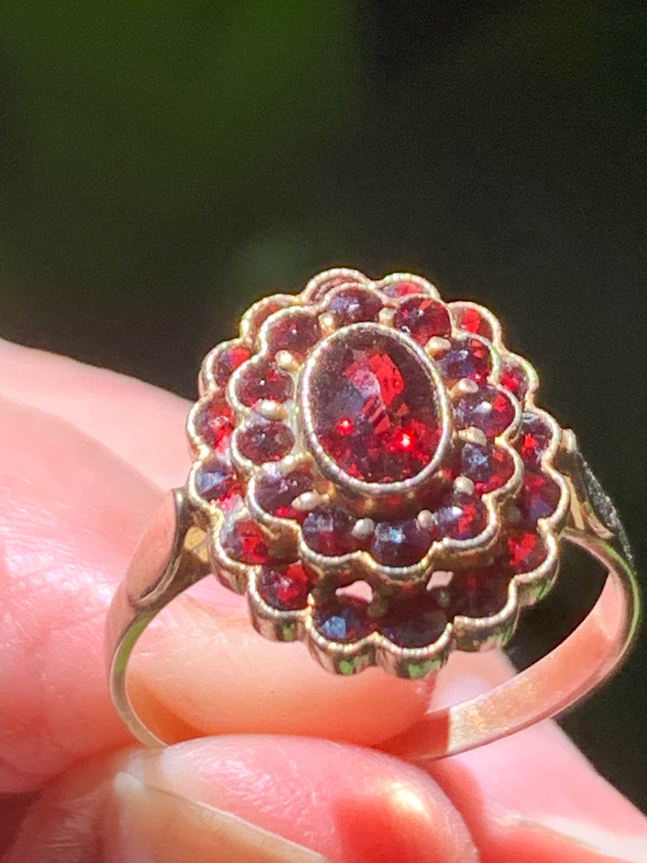 Lovely Antique Bohemian Old Cut Garnet Ring Size V (10.5) Beautifully Set in 900 Silver with 9ct Gold Dates from early 1900’s