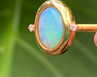 Lovely Handmade 9CT Yellow Gold Ring with Oval Green Blue Violet Australian Opal Set with Diamonds in Deep Bezel Setting  Size P 1/2 (7 3/4)